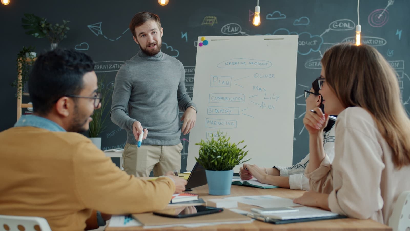 Team collaborating around a whiteboard during a strategy meeting