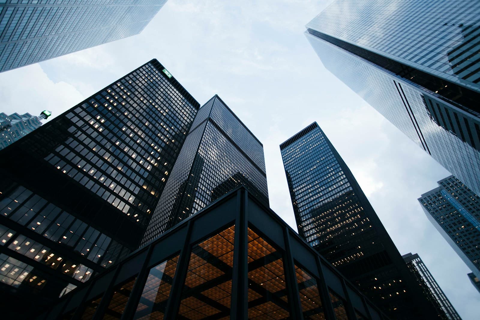 City high-rise office buildings against a daytime sky
